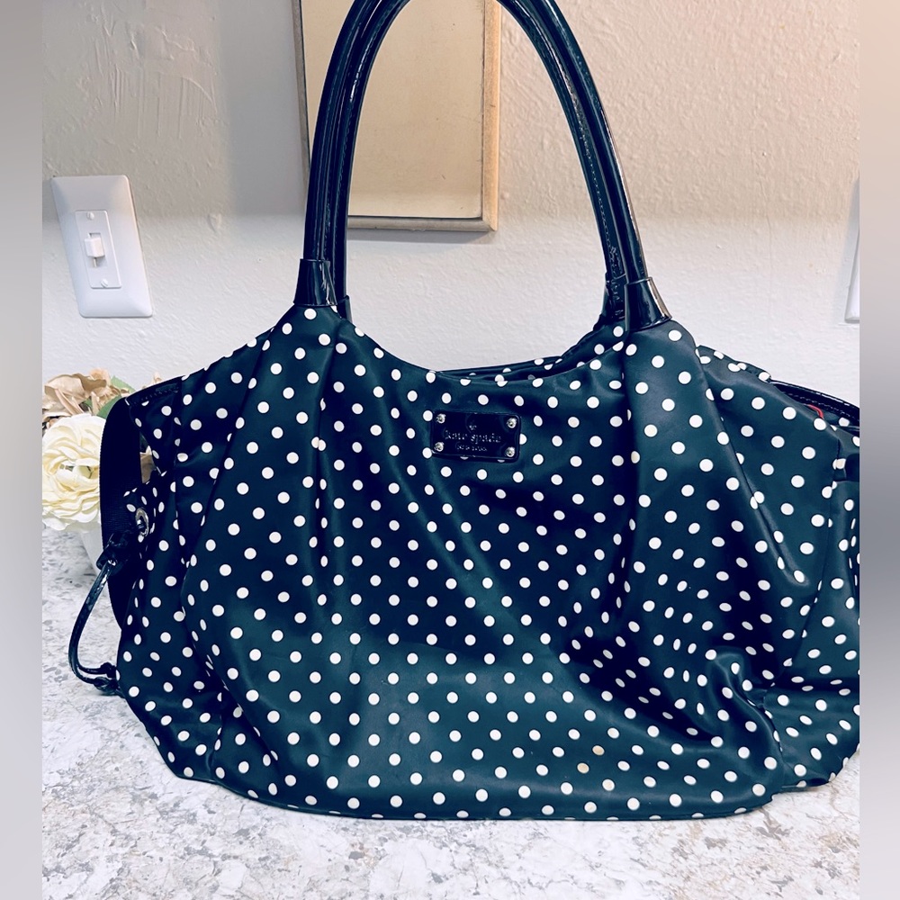KATE SPADE Stevie Black White Polka-Dot Diaper Bag